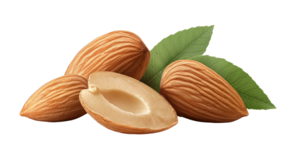 delicious almonds in close-up showcasing the textured surface, with one almond expertly halved, accompanied by two fresh, vibrant green leaves Isolated On Transparent and White Background