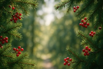 Christmas Wreath Frame of Pine Branches and Red Berries in a Forest.