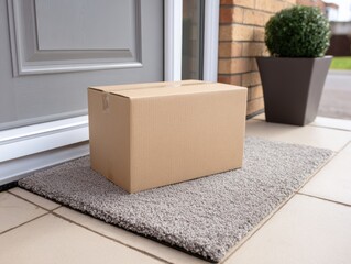A brown cardboard delivery box rests on a textured doormat in front of a residential entrance, with a brick wall and potted plant nearby.