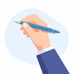 Hand Holding Blue Pen Writing on Light Background