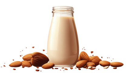 almond milk in glass bottle and scattered almonds create a visually pleasing composition that emphasizes its healthy and wholesome qualities. Isolated On Transparent and White Background