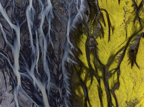 River, river course, river delta, branched, sunny, aerial view, summer, south-east Iceland, Iceland