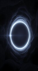 Abstract space background of a glowing white ring or portal inside a dark, rocky cave. Stars are visible in the background. A symbol of discovery, mystery, and new frontiers