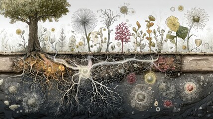 Illustration of Soil Microbiome and Mycorrhizal Fungi Network Beneath Tree Roots