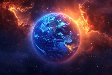 Realistic earth planet surrounded by a blue atmosphere against a cosmic space background