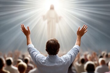 A man with arms raised in worship towards a glowing spiritual Jesus figure, surrounded by light rays and a gathering crowd.