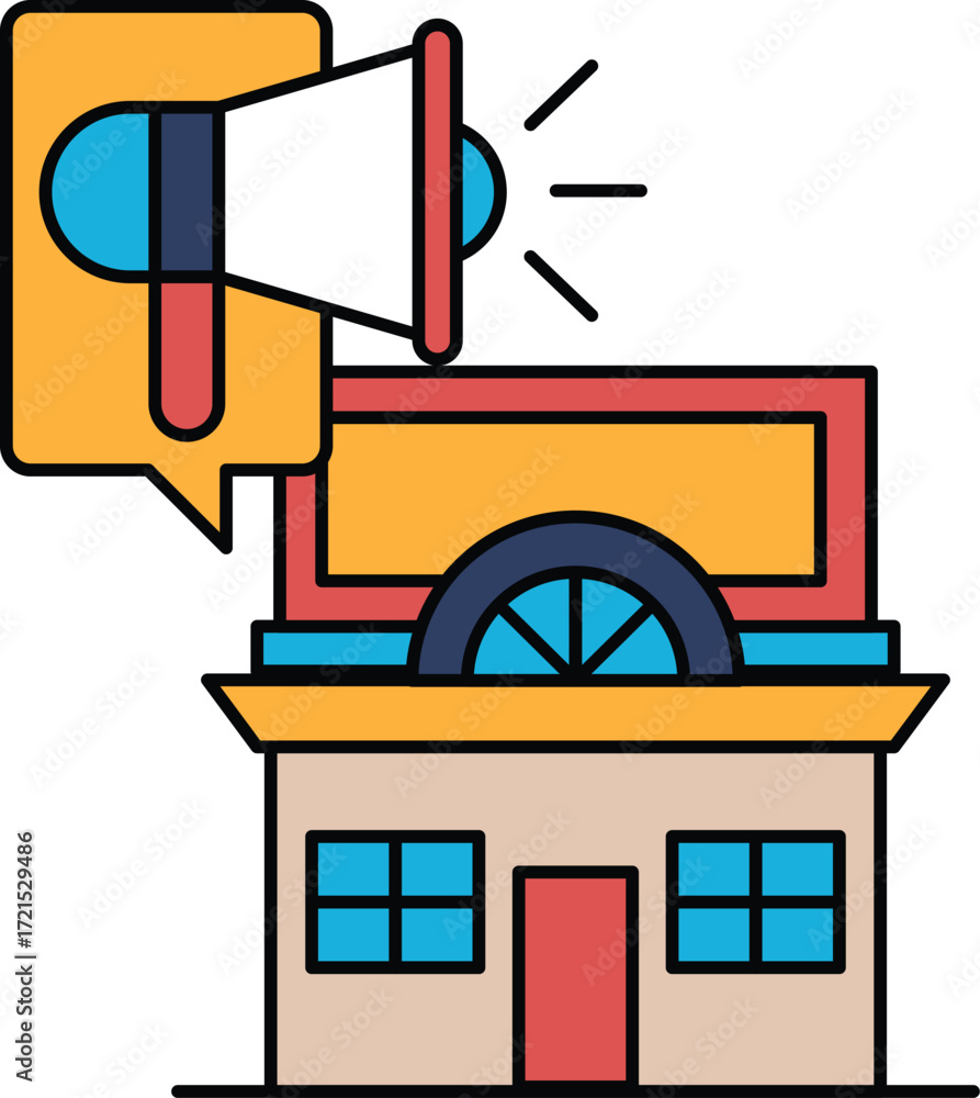 Poster a building with a large speaker on top of it
