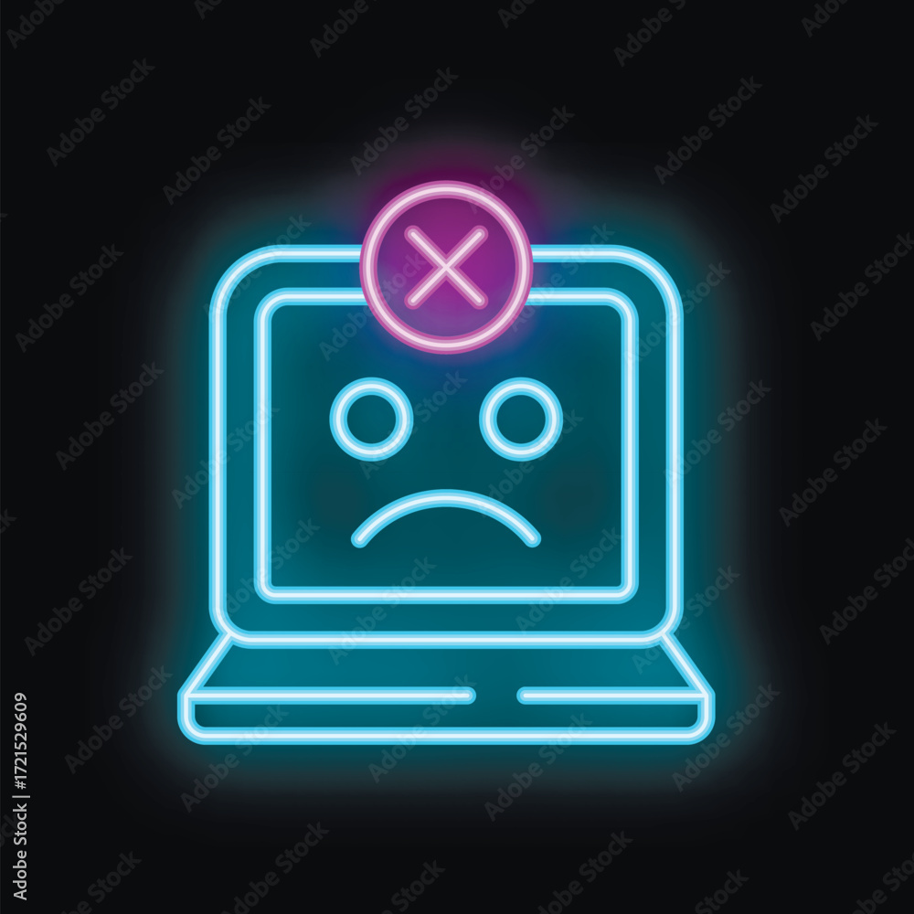 Aufkleber neon laptop showing error message with sad face on screen on black background
