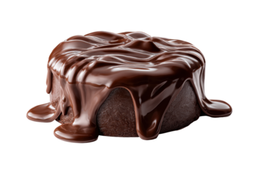 A chocolate cake with chocolate drizzle on top. The cake is sitting on a white background. Concept of indulgence and luxury, as the rich chocolate cake is the main focus of the image, png