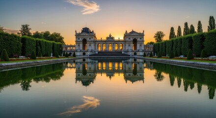Naklejka premium Elegant Historic Palace with Reflective Water Fountain and Well-maintained Gardens at Sunset