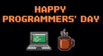 A pixelated celebration of programmers day with laptop and coffee mug