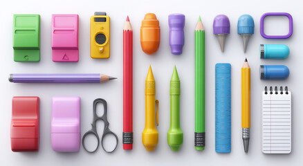 3D Cartoon Icon Set of School Supplies on White Background