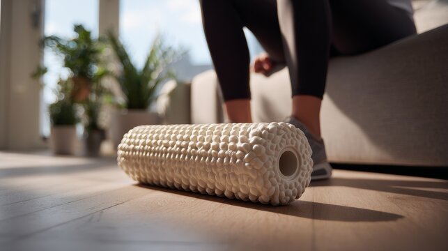 A woman tying her shoelaces in the background while a foam roller rests on a wood floor, highlighting physical therapy, muscular recovery, and exercise routines for improved health and mobility.