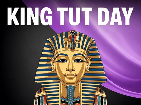Celebrate king tut day with a golden mask and egyptian hieroglyphs on a purple background