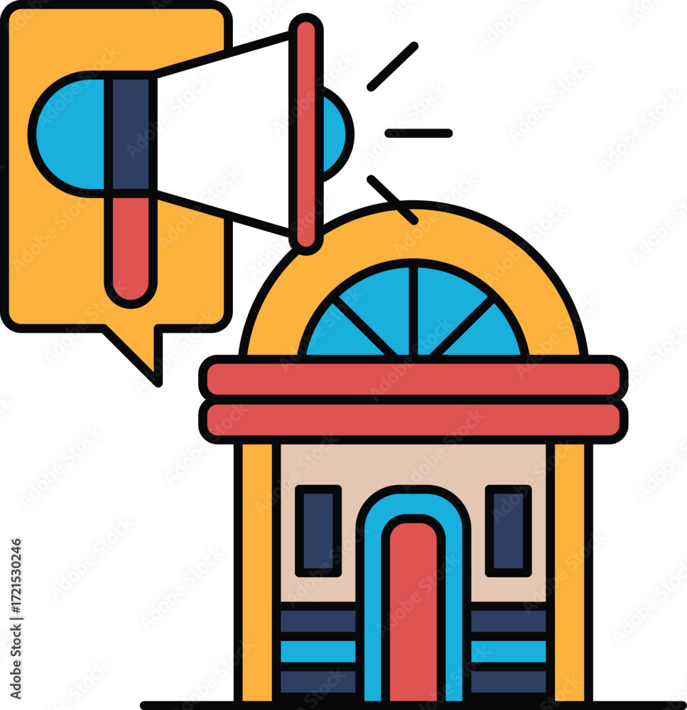 Poster a building with a large speaker on top of it