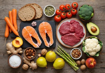 Fresh Healthy Ingredients with Meat, Fish, Vegetables and Fruits on Rustic Wooden Table – Top View