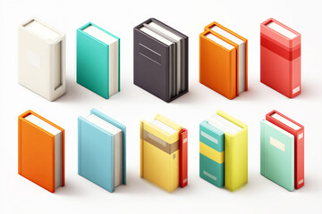 3D Vector Icons of Books in Various Colors on White Background