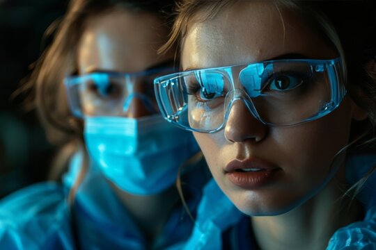 Silicon wafer inspection by specialists in sterile suits at electronics manufacturing facility