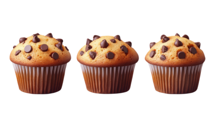 delicious trio of golden muffins, studded generously with rich chocolate chips, presented on an isolated surface - studio shot. Isolated On Transparent and White Background