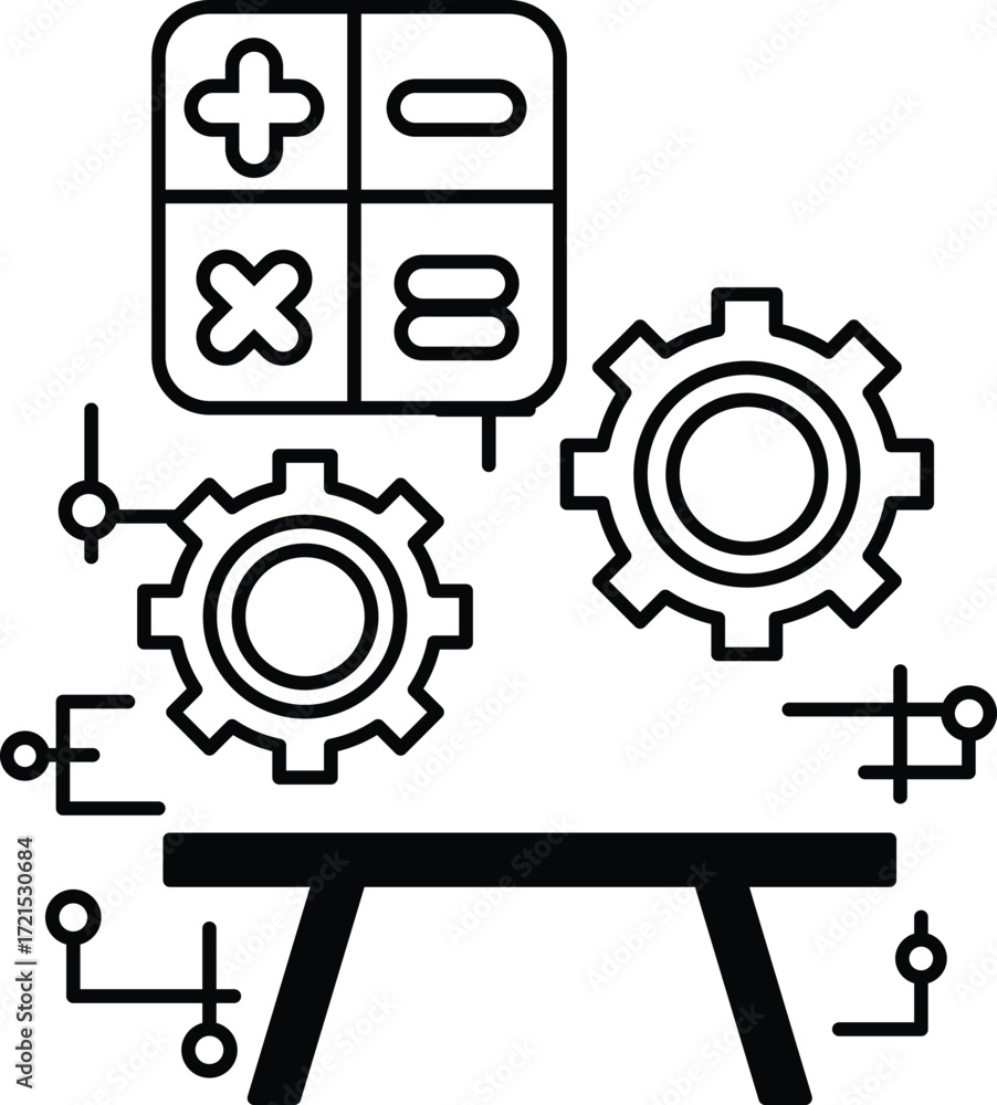 Poster a black and white drawing of a table with a series of gears and numbers