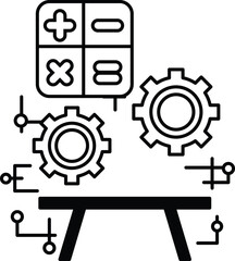 A black and white drawing of a table with a series of gears and numbers