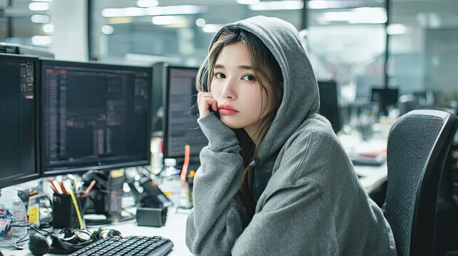 Woman coder wearing a gray hoodie working in an office with multiple monitors. Female programmer for technology concept. - Powered by Adobe