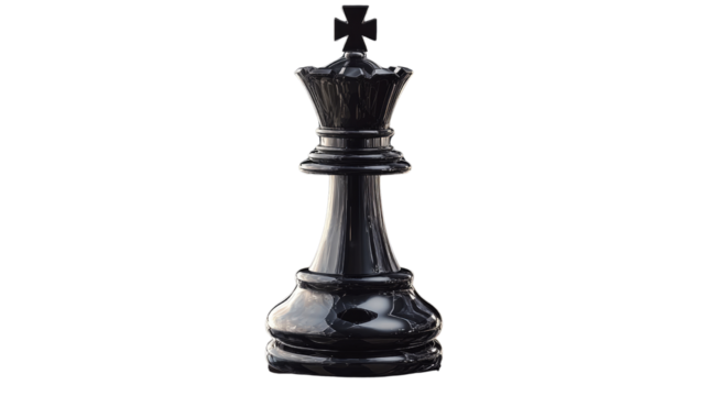 intricate, glossy black chess king piece stands majestically, a symbol of strategy, power, and royalty. High angle studio shot. Isolated On Transparent and White Background - Powered by Adobe