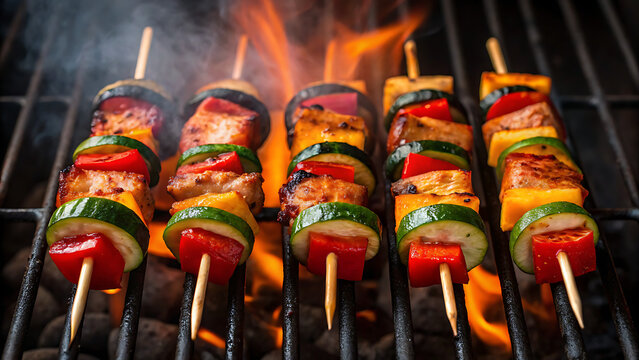 Delicious colorful vegetable and meat kebabs sizzling and grilling over open flames on a barbecue grill