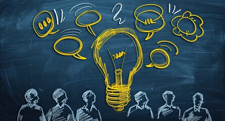 Chalkboard illustration of a group observing a glowing lightbulb surrounded by speech bubbles, symbolizing idea generation and teamwork