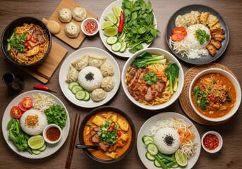 Assorted Asian Cuisine Dishes on Rustic Table – Colorful Top View Food Photography