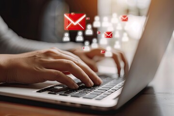Close-up of hands typing on a laptop with email icons and avatars floating above, suggesting digital communication and networking