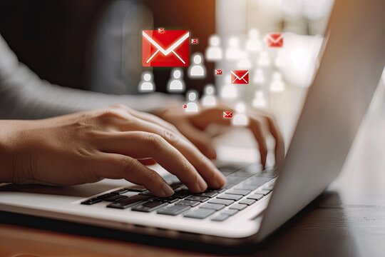 Close-up of hands typing on a laptop with email icons and avatars floating above, suggesting digital communication and networking - Powered by Adobe