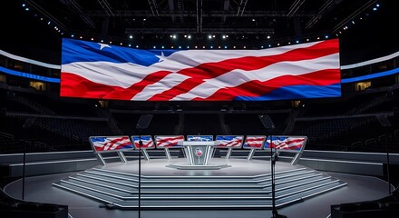 American Flag Display at Political Event Stage with Patriotic Theme.