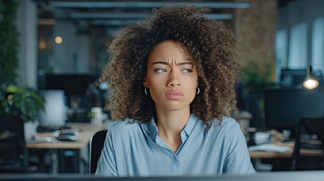 Annoyed casual office woman with curly hair looking away at work. Expressing dislike, discontent. Emotion, problem, office concept.