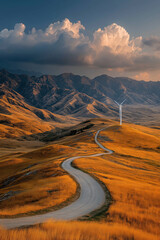 Éolienne dans un paysage de montagne sous ciel nuageux, symbole d’énergie propre et renouvelable au cœur de la nature