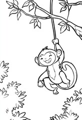 A joyful monkey swings from a vine amongst lush foliage, a charming black and white illustration.