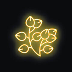 Yellow glowing neon icon of a branch with leaves and berries, isolated vector illustration on a black background
