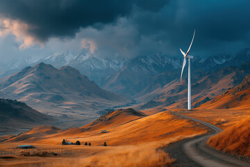Éolienne dans un paysage de montagne sous ciel nuageux, symbole d’énergie propre et renouvelable au cœur de la nature