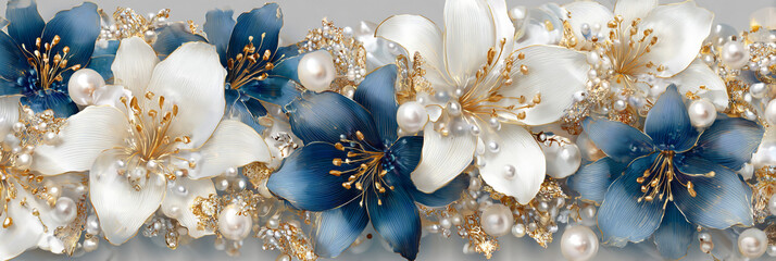 3D Wallpaper of White and Blue Lilies with Pearls and Gold Elements