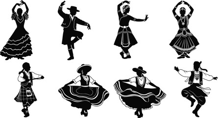 Elegant silhouette of traditional folk dancers from different cultures, a vibrant collection of diverse national costumes in dynamic poses, perfect for cultural and travel themes.