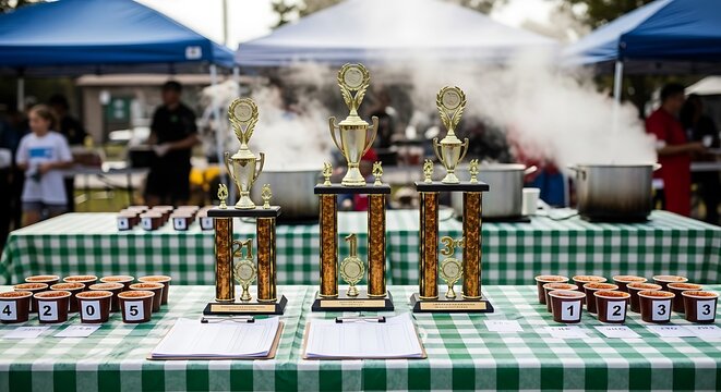 Chili CookOff Trophies and Steam A Culinary Competition Scene.