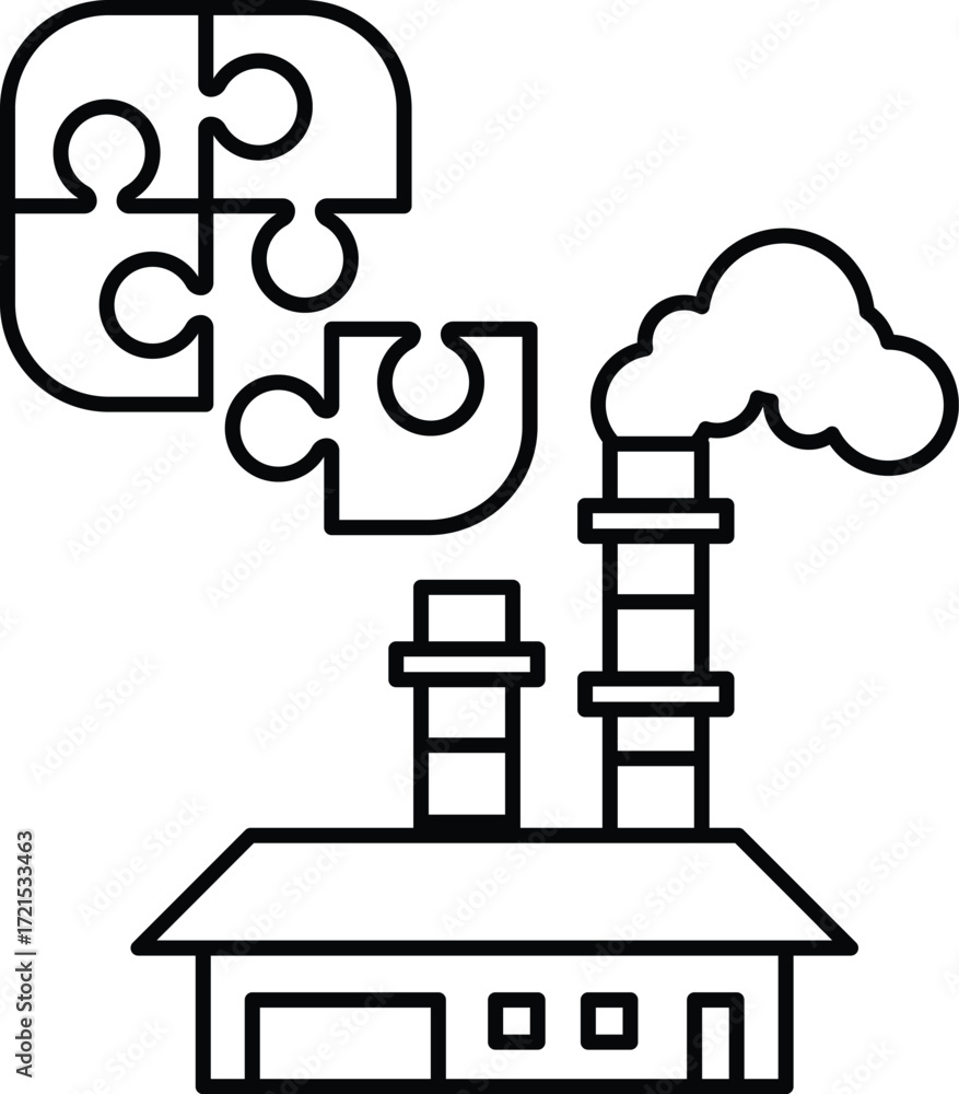 Poster a black and white image of a factory with a puzzle piece on top of it