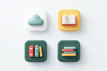 4 Icons: Cloud and Open Book on Colored Plates