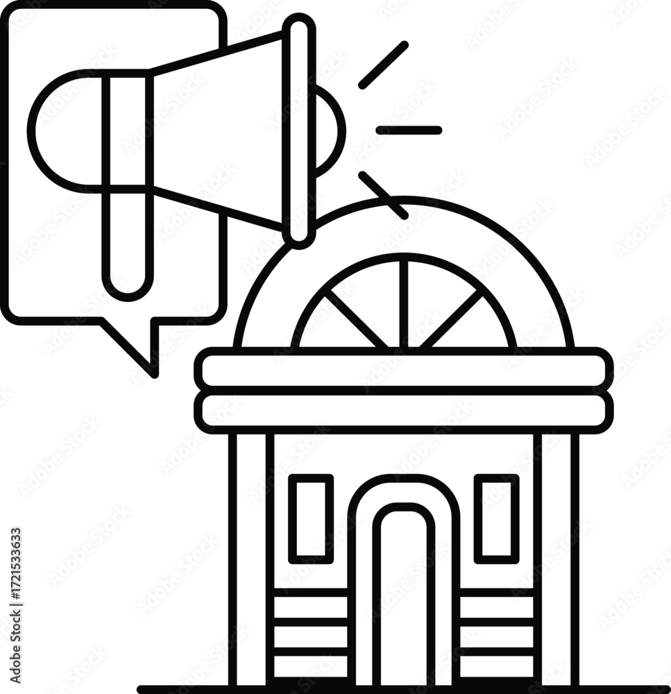 Poster a building with a large speaker on top of it