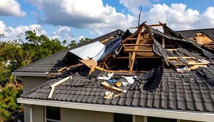 Damaged house roof after storm