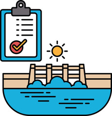 A black and white drawing of a pond with a clipboard and a check mark on it