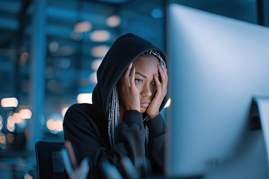 Overwhelmed african american woman in hoodie looking at computer screen. Cybersecurity and coding during late night work in office.
