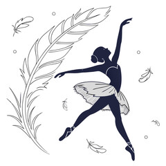 Feathered Ballerina Silhouette: Blue and White Vector Art