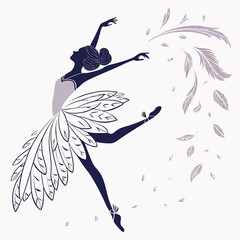 Feathered Ballerina Silhouette: Blue and White Vector Art