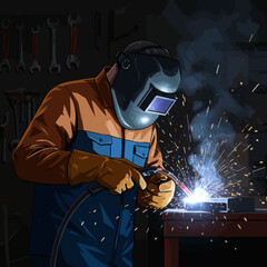 Skilled welder wearing protective gear works on metal with bright sparks flying during an industrial process illustration